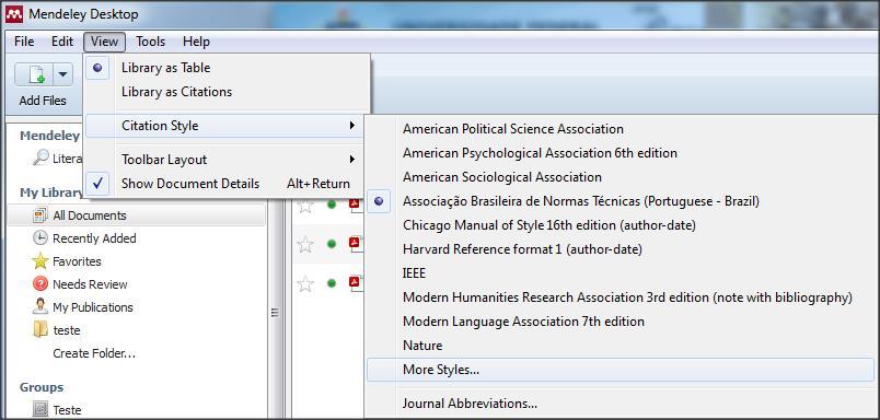 Adicionar estilos 35 Para adicionar um estilo, clique em View (1) e depois em Citation Style