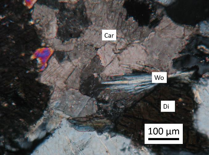 49 Foto 3.19: Fotomicrografia com possível Wollastonita (Wo) fibrosa associada a carbonato (Car) e diopsídio (Di) em rocha calciossilicática (Seção RJE 84). Foto 3.20: BIF associado à faixa calciossilicática.