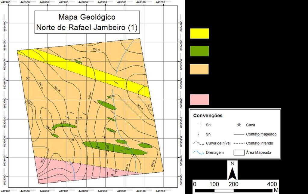 50 Figura 3.5: Mapa geológico simplificado da área Norte de Rafael Jambeiro (1). O embasamento aflora no limite sul na forma de blocos in situ.