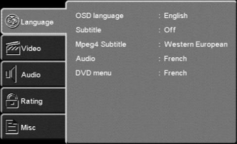 7 Ajuste de DVD menu Clique a tecla SETUP no controle remoto, o SETUP MENU (principal) será editado.