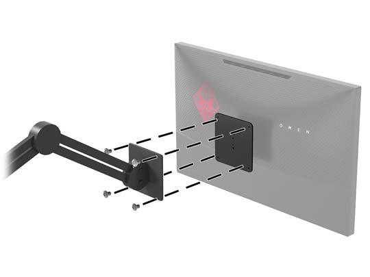 Para montar a tela em um braço articulado ou outro dispositivo de montagem, insira quatro parafusos de montagem nos orifícios do dispositivo de montagem e nos orifícios do suporte VESA que foi