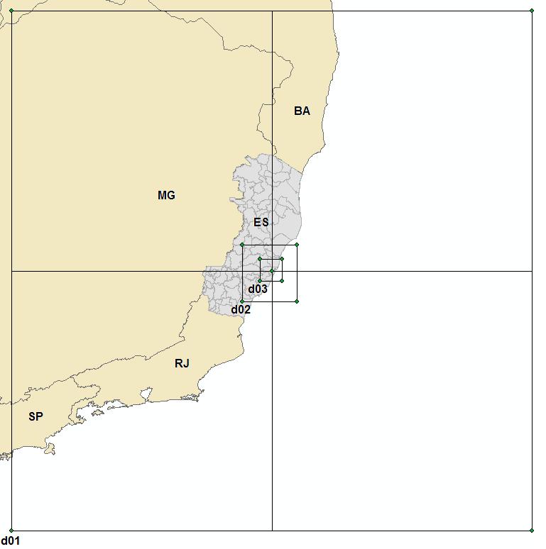 58 A estrutura vertical de cada um dos três domínios possui 31 camadas em toda troposfera, o que corresponde aos níveis η, neste estudo foram escolhidos desta forma: 1.0000, 0.9975, 0.9953, 0.9931, 0.