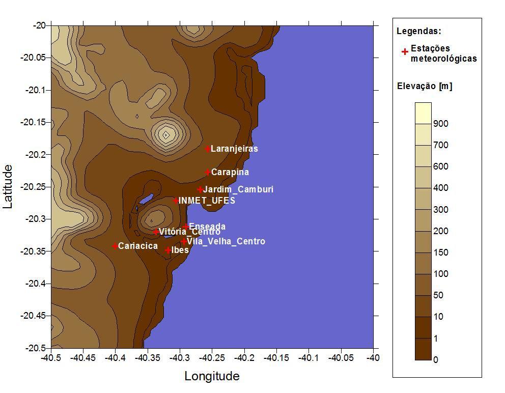 61 Figura 4-5 Elevação e localização das estações meteorológicas da Região Metropolitana da Grande Vitória. Tabela 7 Parâmetros meteorológicos monitorados em cada estação.