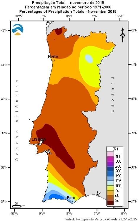 Em termos espaciais, em cerca de metade do território os totais mensais de precipitação foram inferiores a 50 mm, sendo mesmo inferiores a 25 mm em parte da região Centro e Sul; totais de