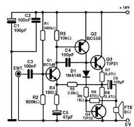 Amplificador de 5 W Este amplificador complementar fornece uma excelente potência de áudio, perto de 5 W a um alto falante de bom rendimento.