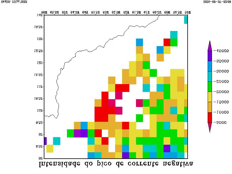 FIGURA 4.59 Distribuição espacial da média da intensidade do pico de corrente negativa para as quadrículas, entre 18 e 24hs(UTC) para o dia 06/09/02.