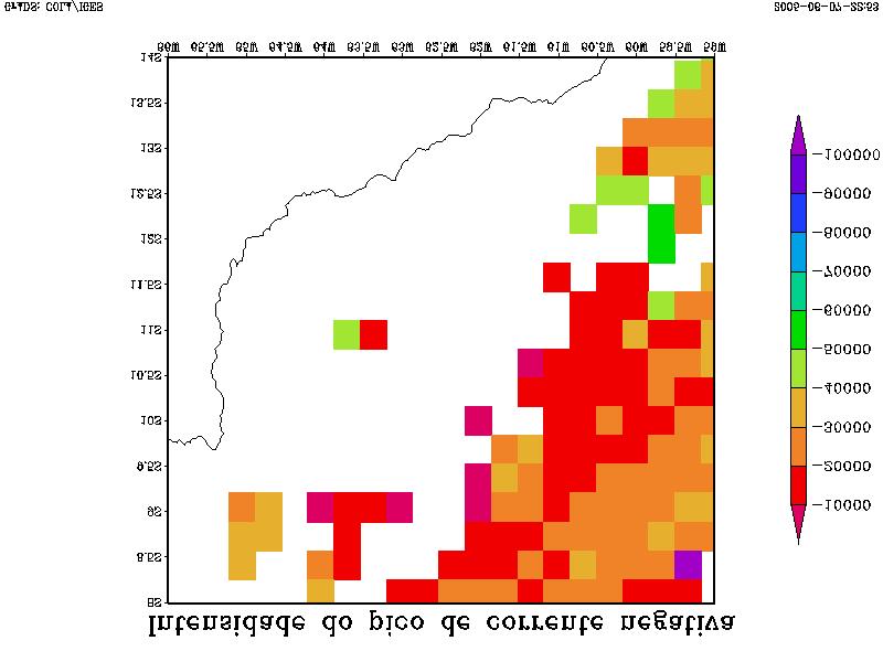 FIGURA 4.67 Distribuição espacial da média da intensidade do pico de corrente negativa para as quadrículas, entre 18 e 24hs(UTC) para o dia 22/09/02.