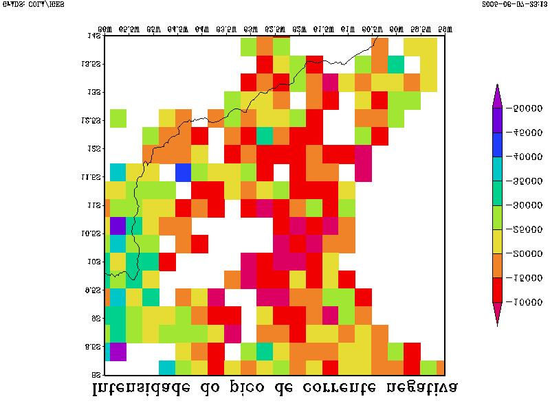 FIGURA 4.75 Distribuição espacial da média da intensidade do pico de corrente negativa para as quadrículas, entre 18 e 24hs(UTC) para o dia 28/09/02.