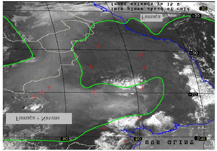 FIGURA 2.3 Imagem do satélite GOES-8 no visível obtida em 28 de agosto de 1995 às 11:45 (TMG). Observa-se a camada de partículas de aerossol cobrindo uma vasta área do continente sul-americano.