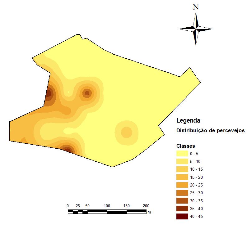 Figura 2: Mapa da distribuição espacial de percevejos O. Ypsilongrises resultantes da Krigagem ordinária. Santa Maria, RS, 2010.
