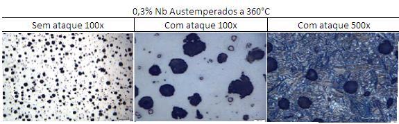 A ausferrita é mais grosseira em relação as amostras austemperadas a 280ºC que também existe menor incidência de segregação de grãos.