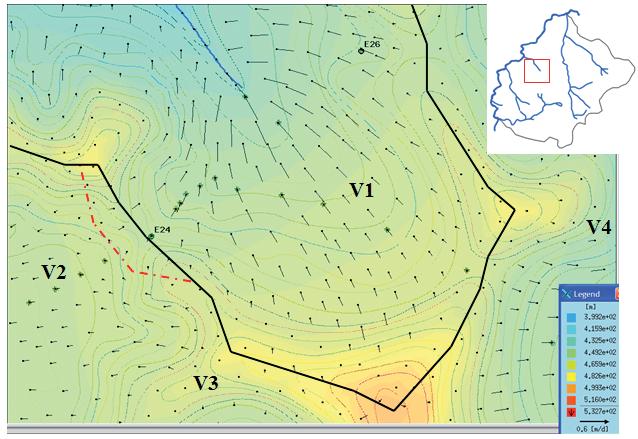 Desenvolvimento de Redes de Canais e Pirataria de Água Subterrânea: Bacia do Rio do Bananal (RJ/SP) Figura 10 - Simulação feita da rede de drenagem atual, a 20 m de profundidade e com a recarga