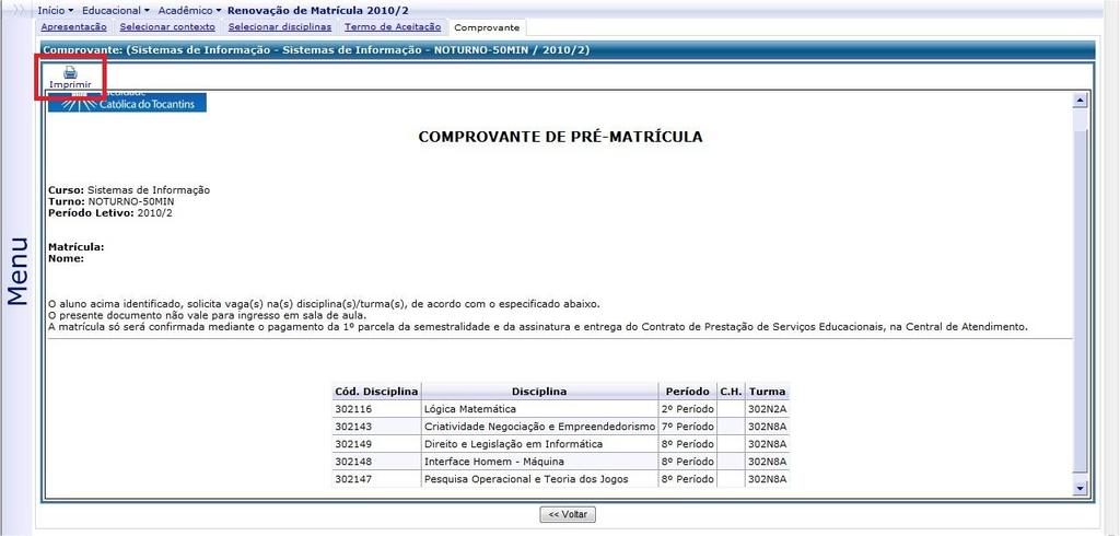 Tela de Comprovante de Pré-Matrícula.