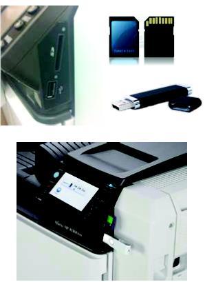 Portas USB/Cartão de Mídia SD integradas ao painel de operação A capacidade de imprimir documentos e imagens armazenadas em unidades USB de memória flash e cartões SD de câmeras digitais e de