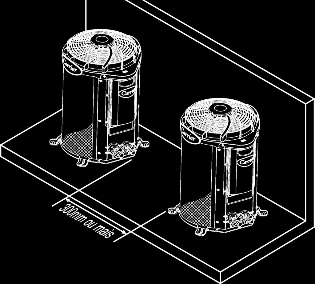 Para unidades condensadoras montadas com a caixa elétrica voltada para o mesmo lado (uma de frente para outra), recomenda-se um espaçamento