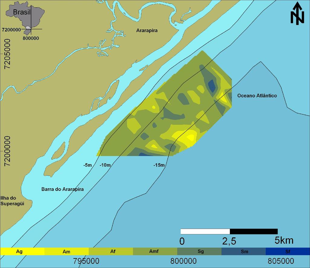 28 Figura 5.1.1 Média granulométrica da área de estudo. Ag Areia grossa, Am Areia média, Af Areia fina, Amf Areia muito fina, Sg Silte grosso, Sm Silte médio, Sf Silte fino.