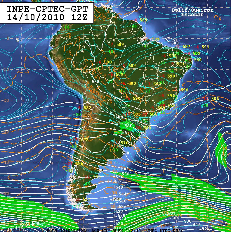 Na carta do nível de 500 hpa (Figuras 2a e 2b) nota-se o amplo domínio de uma circulação anticiclônica no centro do Brasil, cuja borda noroeste apresenta um cavado invertido com o eixo no leste do
