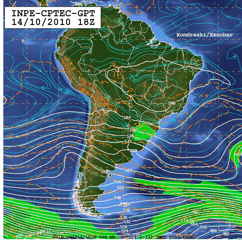 Altura geopotencial (linhas brancas contínuas), linhas de corrente (linhas finas e brancas), vento acima de 70 km/h (sombreado) Nas cartas de altitude, nível de 250 hpa, (Figuras 3a e 3b) há uma