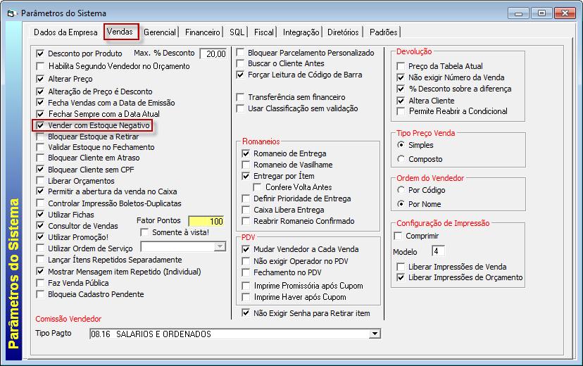 Se a opção vender com estoque negativo no parâmetro do sistema estiver habilitada o sistema permitirá que seja incluído o produto na venda, porem não