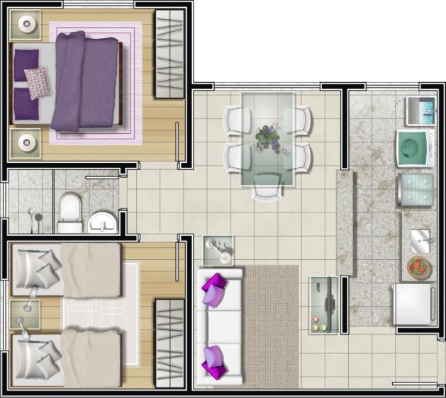 Plantas Apto de 2 quartos 1ª opção Esta ilustração tem caráter exclusivamente promocional por se tratar de bem a ser construído.