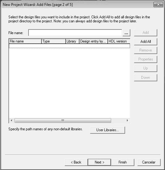 Figura 3 New Project Wizard: Add Files Na janela seguinte (figura 4) é preciso especificar o dispositivo (FPGA) que será usado