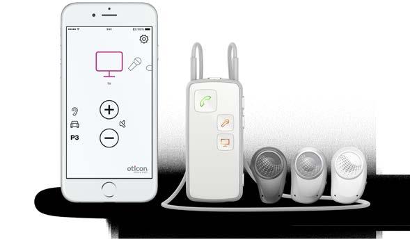 Use seu Streamer Oticon Medical com Controle remoto Celular TV Microfone Computador Telefone fixo Música Cabo estéreo Mini Jack Tele loop FM Aplicativo Compatível com iphone e Android O Streamer