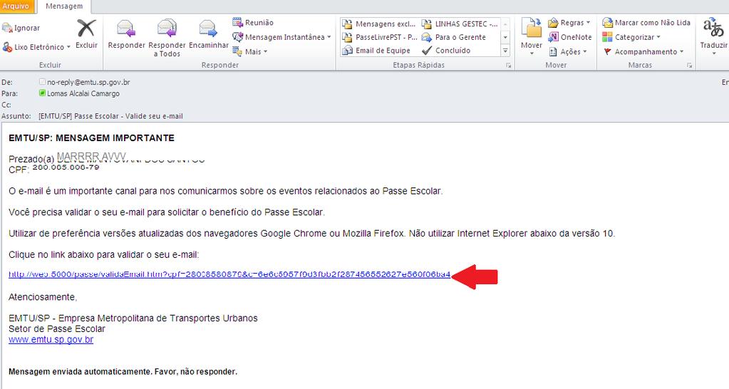 7. Verificar se a mensagem na tela é que houve sucesso na validação do e-mail, pois para dar continuidade ao processo de solicitação será enviado uma mensagem à caixa