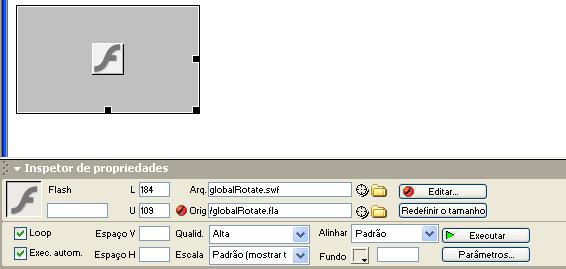Edição de um filme Flash do Dreamweaver É impossível editar diretamente um arquivo SWF, se deseja fazer alterações em um SWF exportado, selecione o alocador de espaço de filme Flash no documento