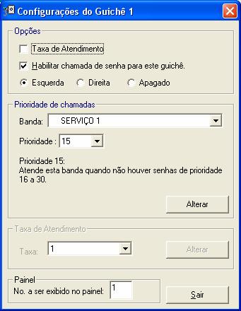 A opção Taxa de Atendimento possibita configurar o guiche a atender no modo Taxa de Atendimento ou Prioridade de Chamadas, A opção Habilitar chamada de senha para este guichê permite que o guichê