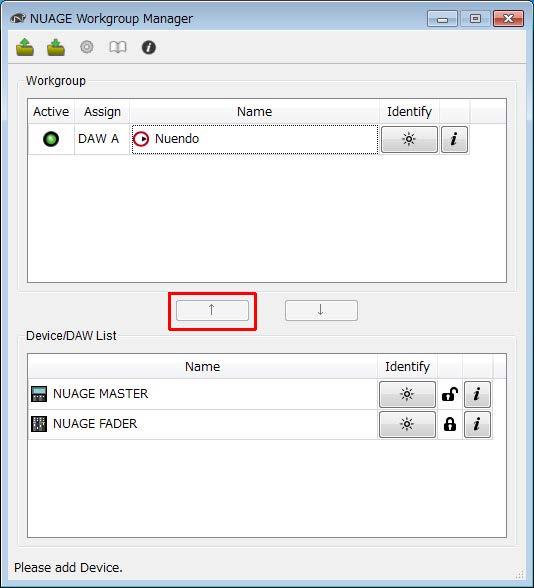 Clique em para adicionar o dispositivo ou o aplicativo de DAW à área Workgroup na metade superior da janela. 1.