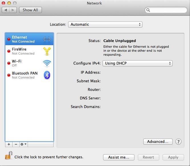 OS X 1. Clique no ícone "Preferências do Sistema" em Dock. A janela "Preferências do Sistema" é exibida. 2. Clique no ícone "Rede". A janela "Rede" é exibida. 3. Clique em "Ethernet".
