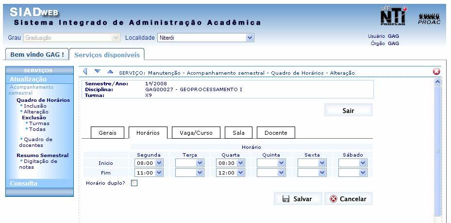 Informe o semestre / ano e escolha o código da disciplina que desejar alterar.