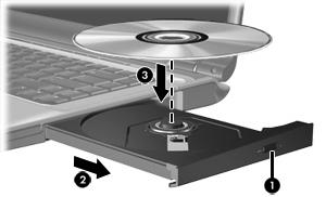 Inserção de um disco óptico 1. Ligue o computador. 2. Pressione o botão de liberação (1) no painel da unidade para liberar a bandeja de mídia. 3. Puxe a bandeja para fora (2). 4.