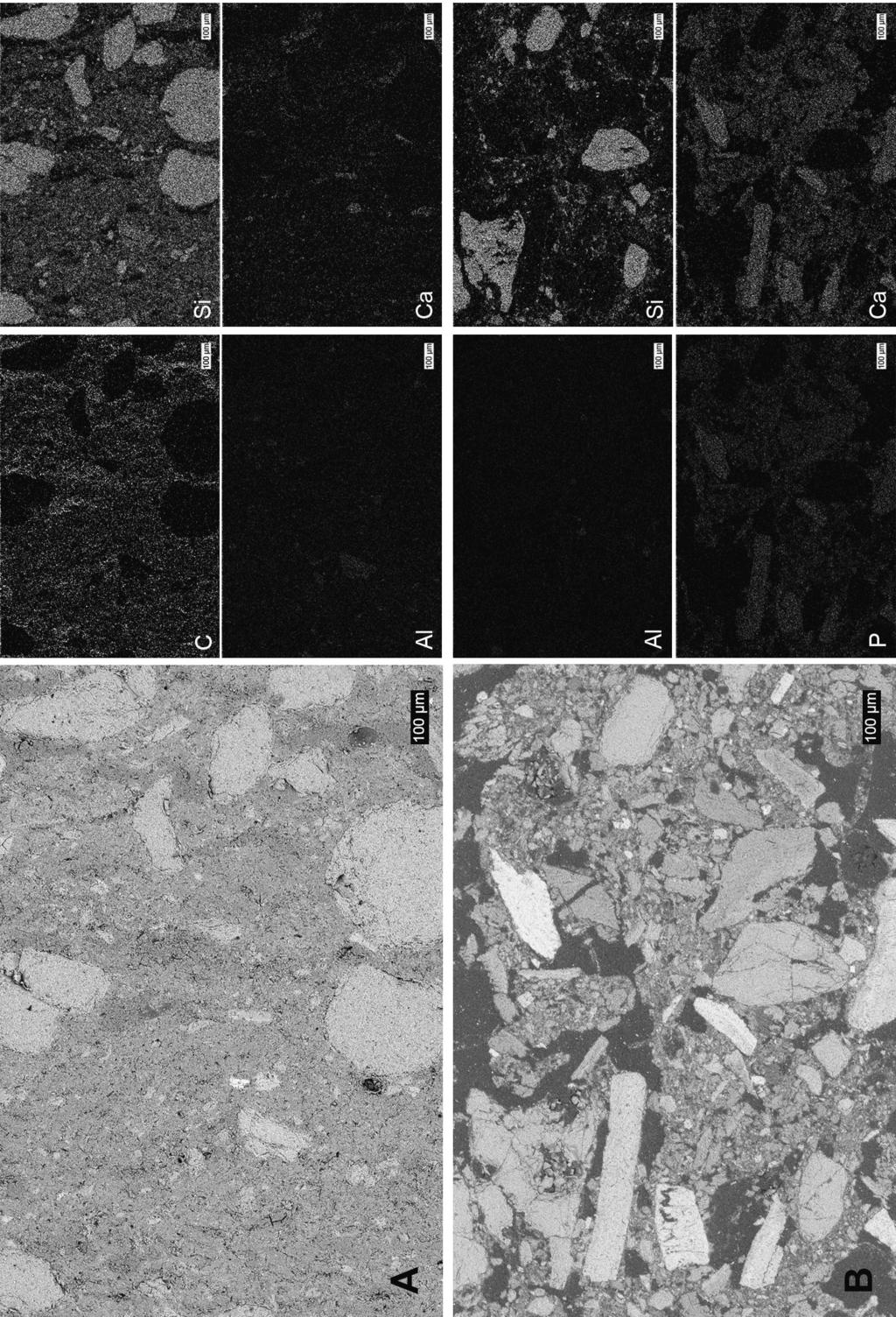 Fig. 4. Imagens obtidas com o sensor de elétrons secundários, retroespalhados e mapeamento micro-químico das arqueofácies 2 (A) e 3 (B) do ictiomontículo em Jabuticabeira II.