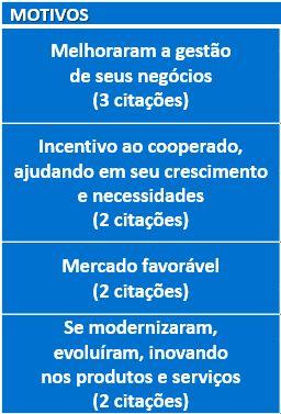 PRINCIPAIS MOTIVOS DOS DIRETORES ACREDITAREM QUE AS COOPERATIVAS EVOLUÍRAM NOS ÚLTIMOS ANOS (Espontânea Múltipla) MOTIVOS Melhoraram a gestão de seus negócios (3 citações) Incentivo ao cooperado,