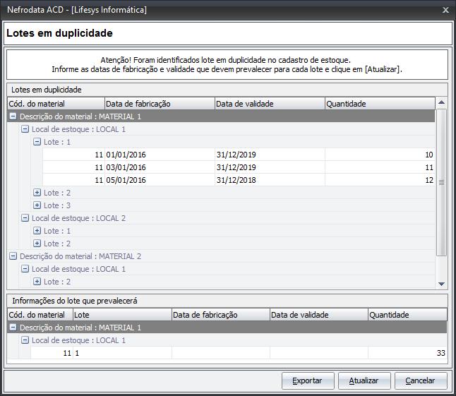 7 Fig. Tela de duplicidade Alteração realizada na rotina [Entrada de nota fiscal] para que na inclusão de material que possua lote, seja possível selecionar um lote já gravado usando a lupinha.