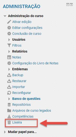 Quando o ícone da lixeira não aparece significa que não foi excluído nenhum item do curso.