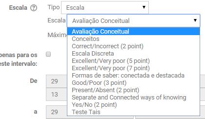 Escala: Se "escala" for escolhido, você pode então escolher a escala no menu "escala". Se usar a nota por "pontos" você pode então informar a nota máxima disponível nessa atividade.