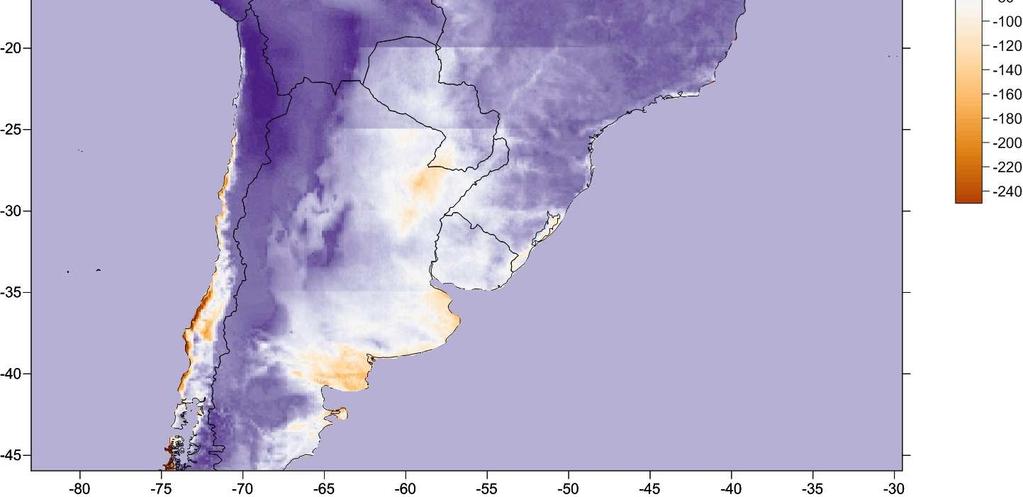 As diferenças na irradiação direta (Figura 6b) observadas dentro do território brasileiro estavam entre 30 e