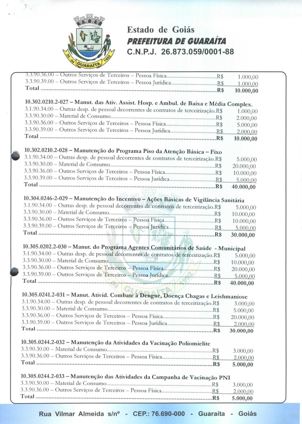 PREFEITURA DE CUARAITA Outros Serviços de Terceiros Pessoa Física RS 1.000,00 3.3.90.39.00 - Outros Serviços de Terceiros - Pessoa Jurídica RS 1.000.00 Total R$ 10.000,00 10.302.0210.2-027 - Manut.