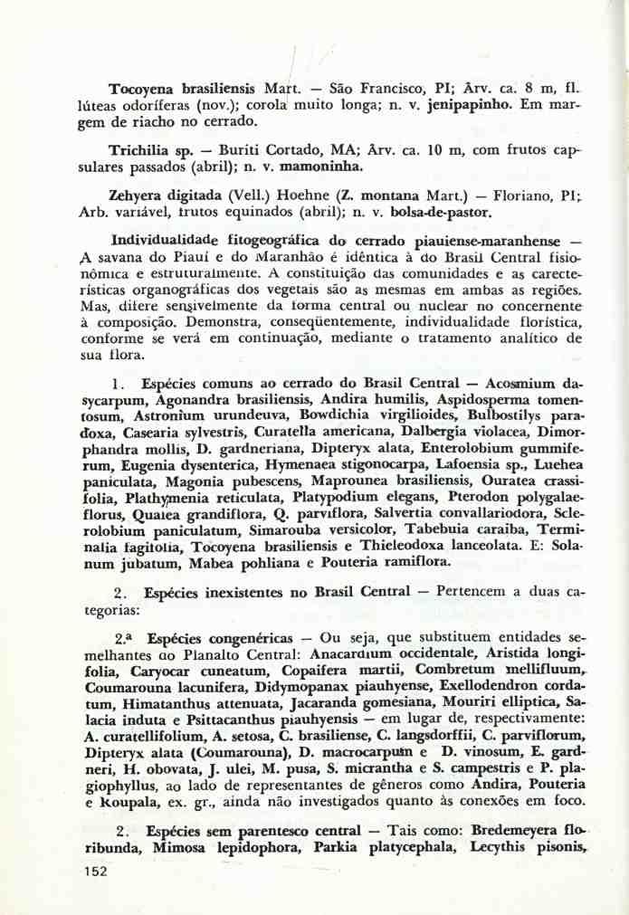 Tocoyena brasiliensis Mart. São Francisco, PI; Árv. ca. 8 m, fl. lúteas odoríferas (nov.); corola muito longa; n. v. jenipapinho. Em margem de riacho no cerrado. Trichilia sp. Buriti Cortado, MA; Árv.