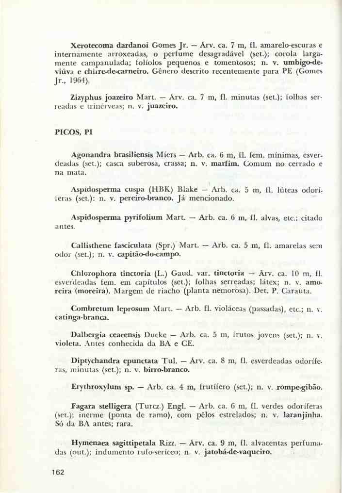 Xerotecoma dardanoi Gomes Jr. Árv. ca. 7 m, fl. amarelo-escuras e internamente arroxeadas, o perfume desagradável (set.); corola largamente campanulada; folíolos pequenos e tomentosos; n. v.