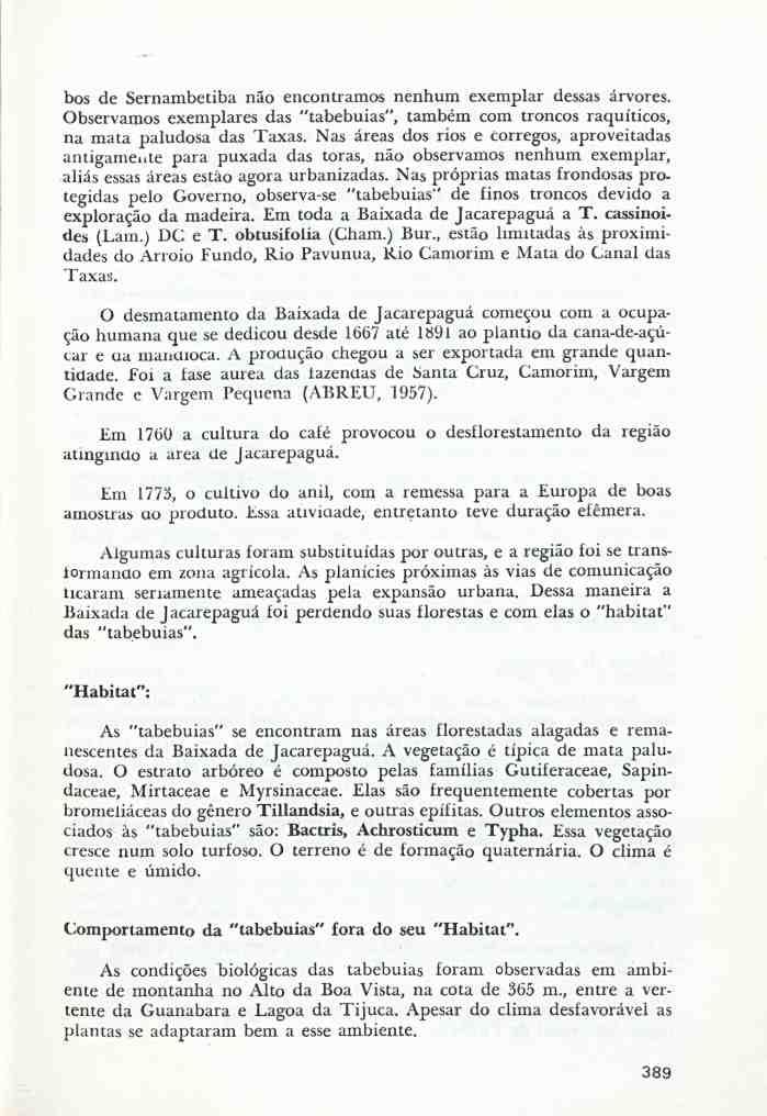 bos de Sernambetiba não encontramos nenhum exemplar dessas árvores. Observamos exemplares das "tabebuias", também com troncos raquíticos, na mata paludosa das Taxas.