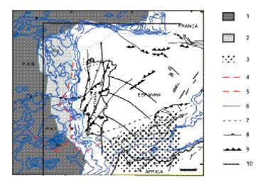 O movimento das placas caracteriza-se pelo deslocamento para norte da placa africana e pelo movimento divergente de direcção este-oeste na dorsal atlântica.