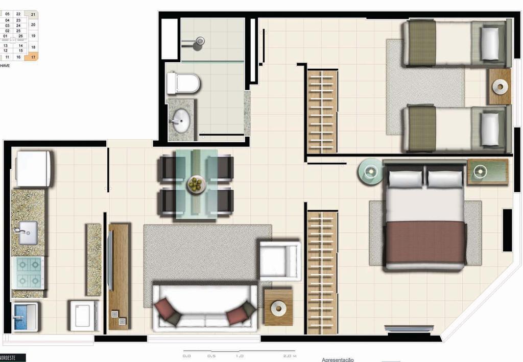 APARTAMENTO DE 1 QT BLOCO J SUGESTÃO DE DECORAÇÃO DOUBLE 06 05 22 04 23 07 03 24 02 25 08 01 26 21 20 19 09 13 14 12 15 18 10 11 16 17 Calçada 47,31m2 (Divisórias internas meramente ilustrativas)