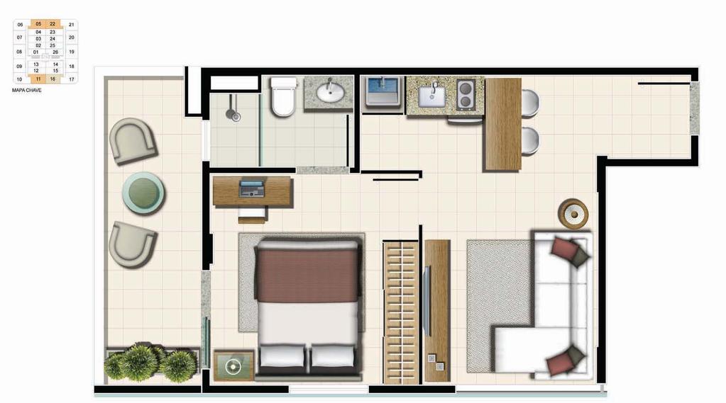 APARTAMENTO DE 1 QT BLOCO J SUGESTÃO DE DECORAÇÃO SINGLE 40,80 m2 (Divisórias internas meramente ilustrativas) Memorial de Incorporação: Bloco J - R11 105307, Bloco K R11 105308 - Segundo Ofício de