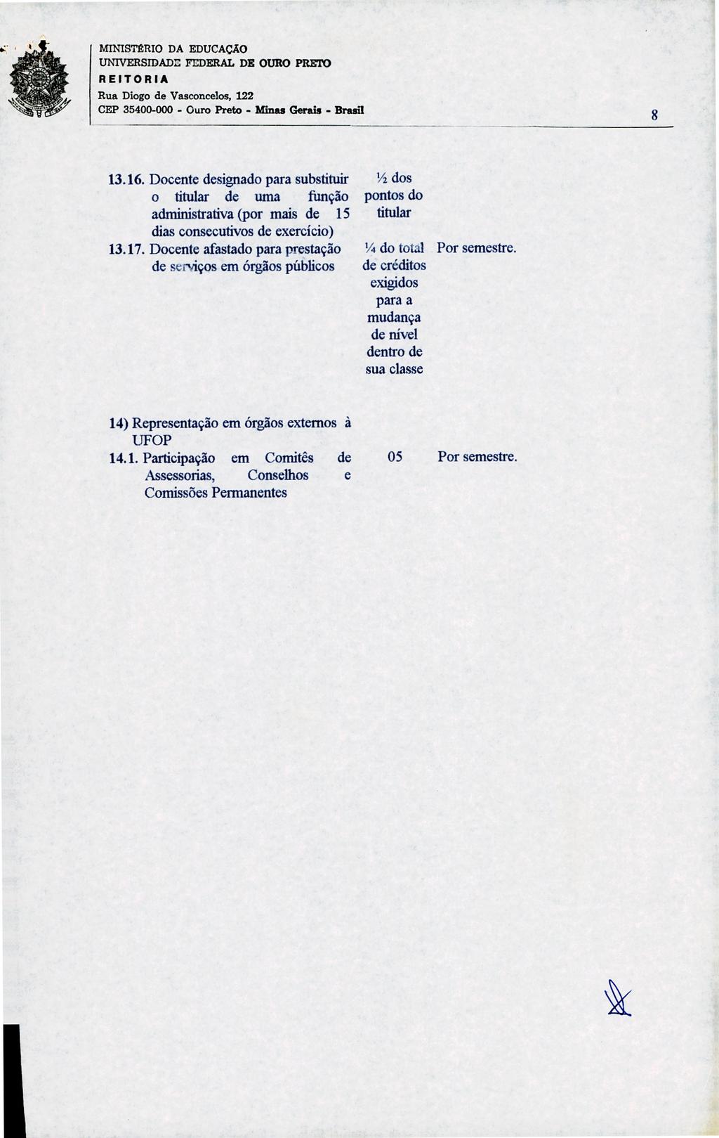 UNIVERSIDADI FEDERAL DE OURO PRETO 8 13.16. Docente designado para substituir o titular de uma função administrativa (por mais de 15 dias consecutivos de exercício) 13.17.