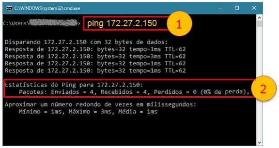 MS-DOS Comando 3: Testes entre PC do cliente e servidor PROCERGS Teste sem resolução de nome Neste teste efetuaremos apenas um teste no endereço IP do servidor gid.procergs. 1) Digitar: ping 172.