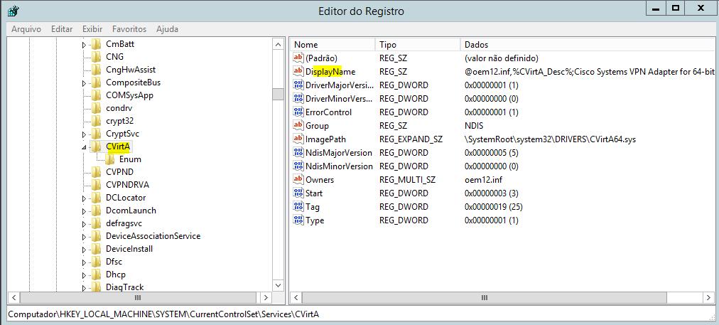 Navegar até a chave HKEY_LOCAL_MACHINE\SYSTEM\CurrentControlSet\Services\CVirtA e no lado