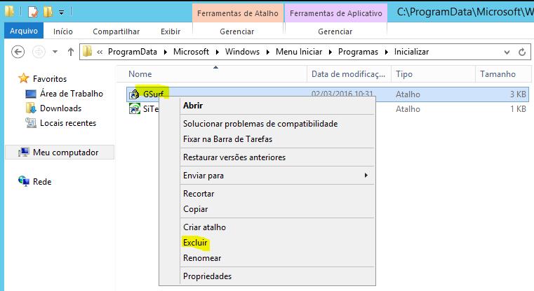 Excluir o atalho GSurf da inicialização clicando em Iniciar Todos os programas Inicializar, clicar